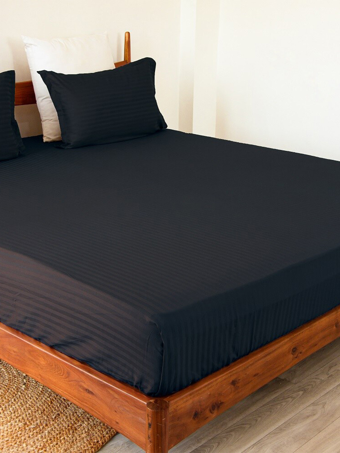 HOMEMONDE Black Striped Cotton 300 TC Fitted King Fine Bedsheet with 2 Pillow Covers-78 x 66 inches