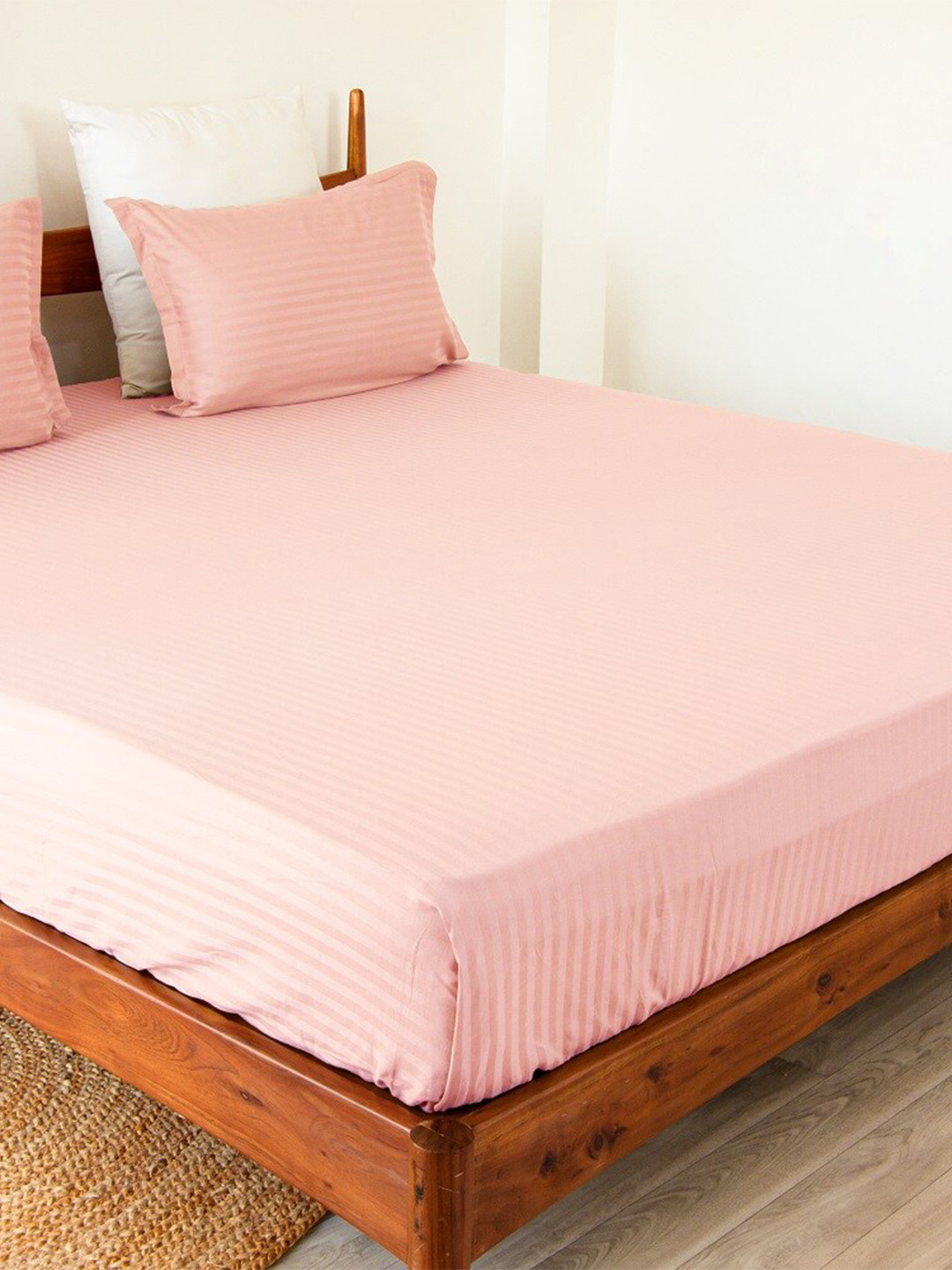 HOMEMONDE Pink Striped Cotton 300 TC Fitted Double Fine Bedsheet with 2 Pillow Covers-78 x 66 inches