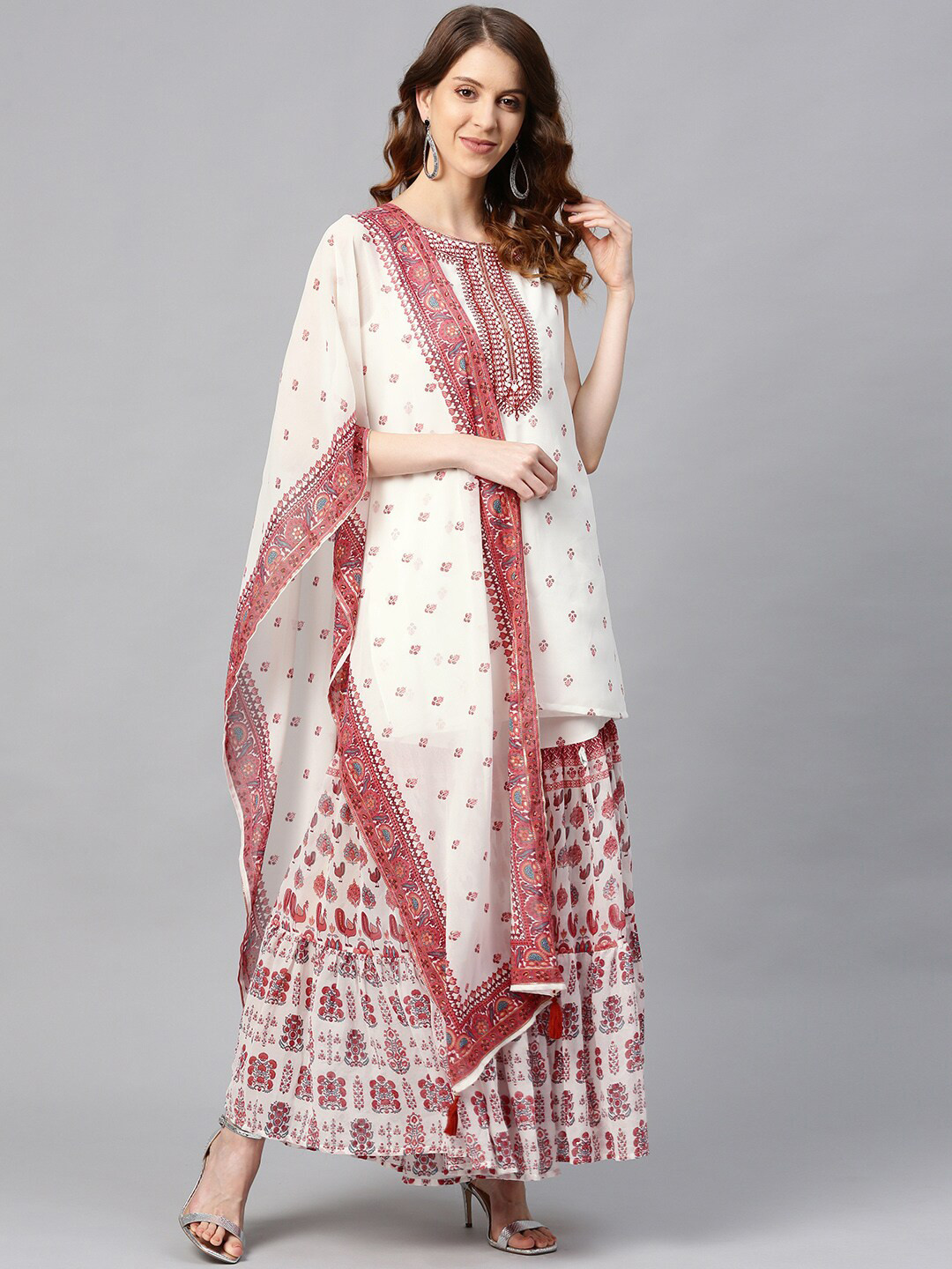 Juniper Ethnic Motifs Printed Regular Thread Work Kurta with Sharara & Dupatta