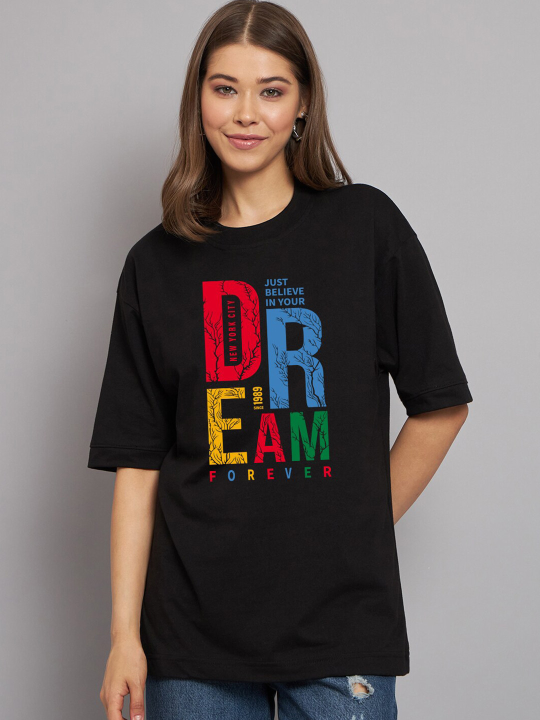 Imsa Moda Typography Printed Drop-Shoulder Sleeves Cotton Oversized T-shirt