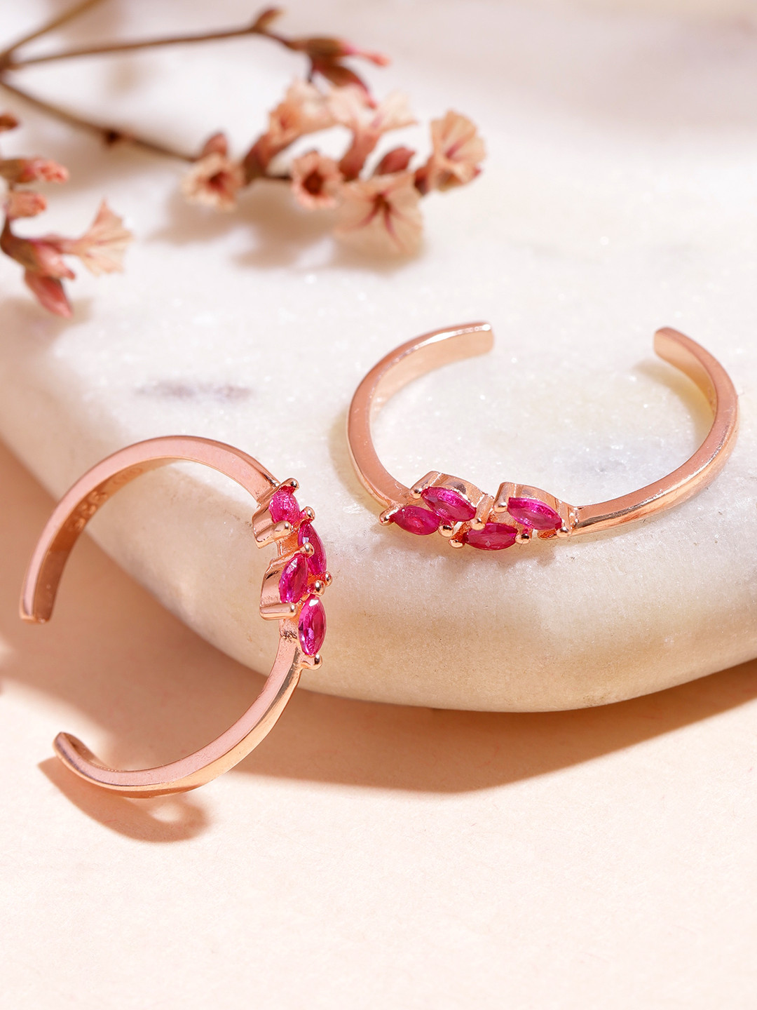 Zavya Women Set of 2 Rose-Gold Plated 925 Sterling Silver CZ Studded Toe Rings