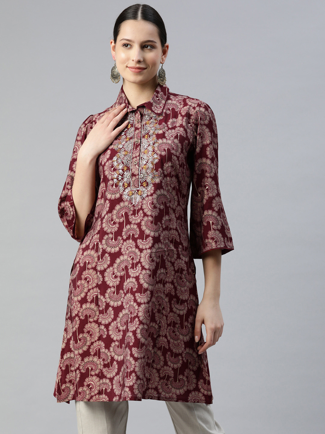 Nayam By Lakshita Modal Shirt Collar Printed Ethnic Tunic
