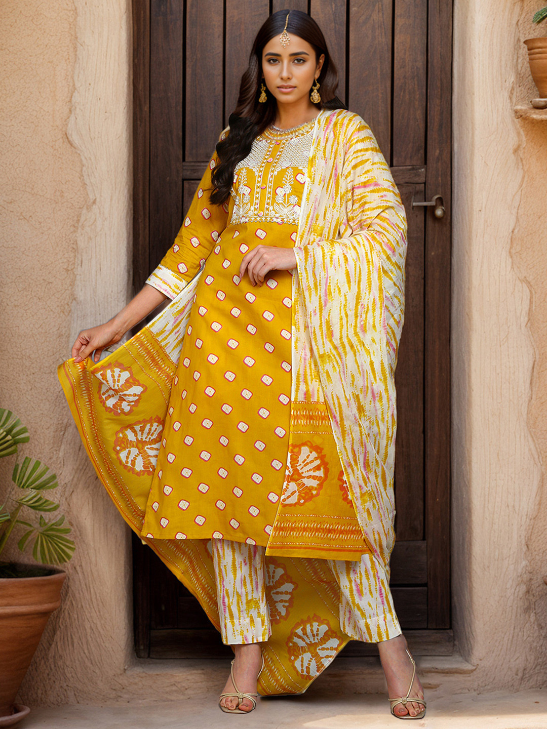 AHIKA Yellow Bandhani Printed Thread Work Pure Cotton Kurta with Trousers & Dupatta