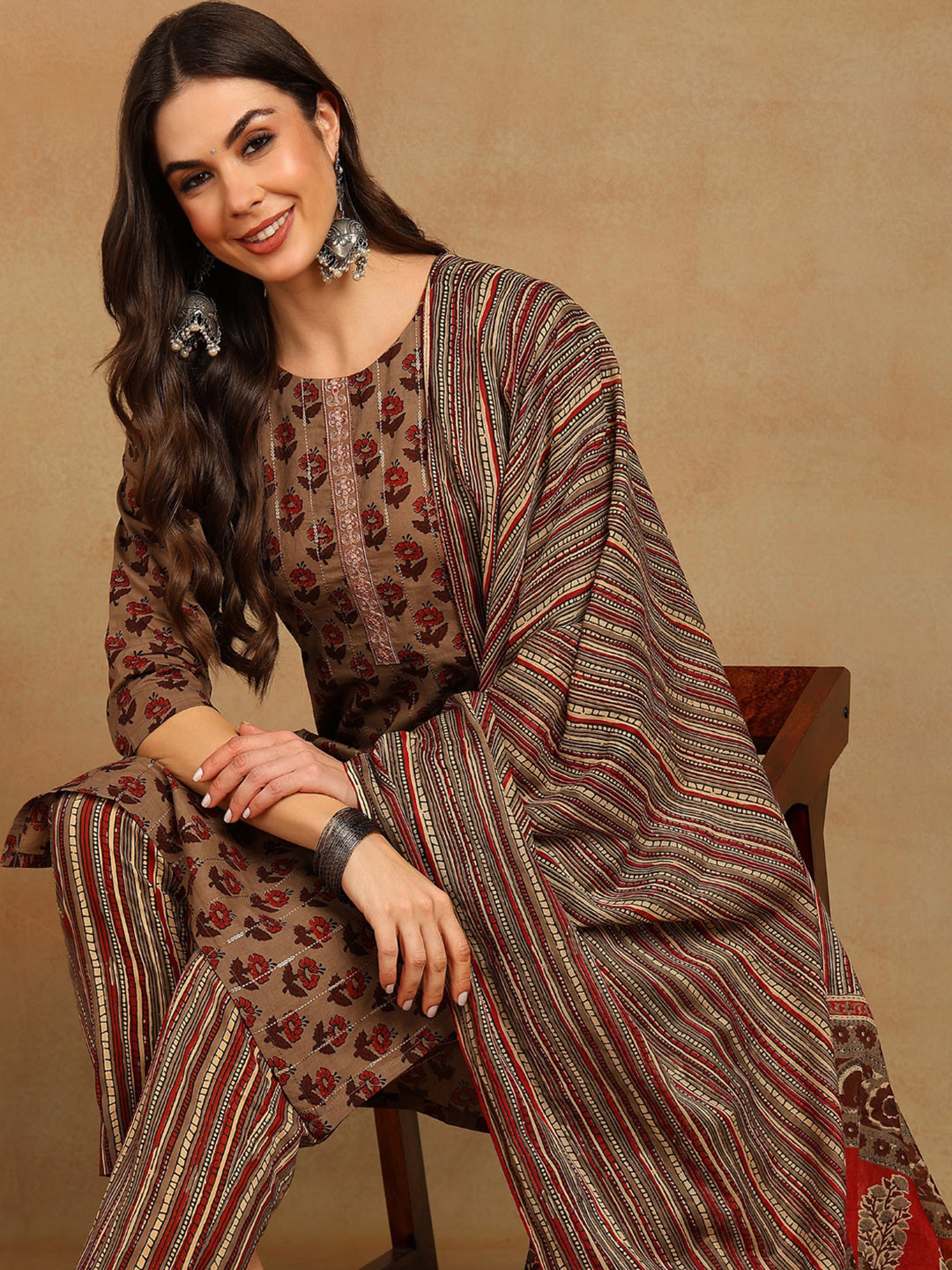 AHIKA Brown Floral Printed Zari & Sequined Pure Cotton Kurta with Trousers & Dupatta