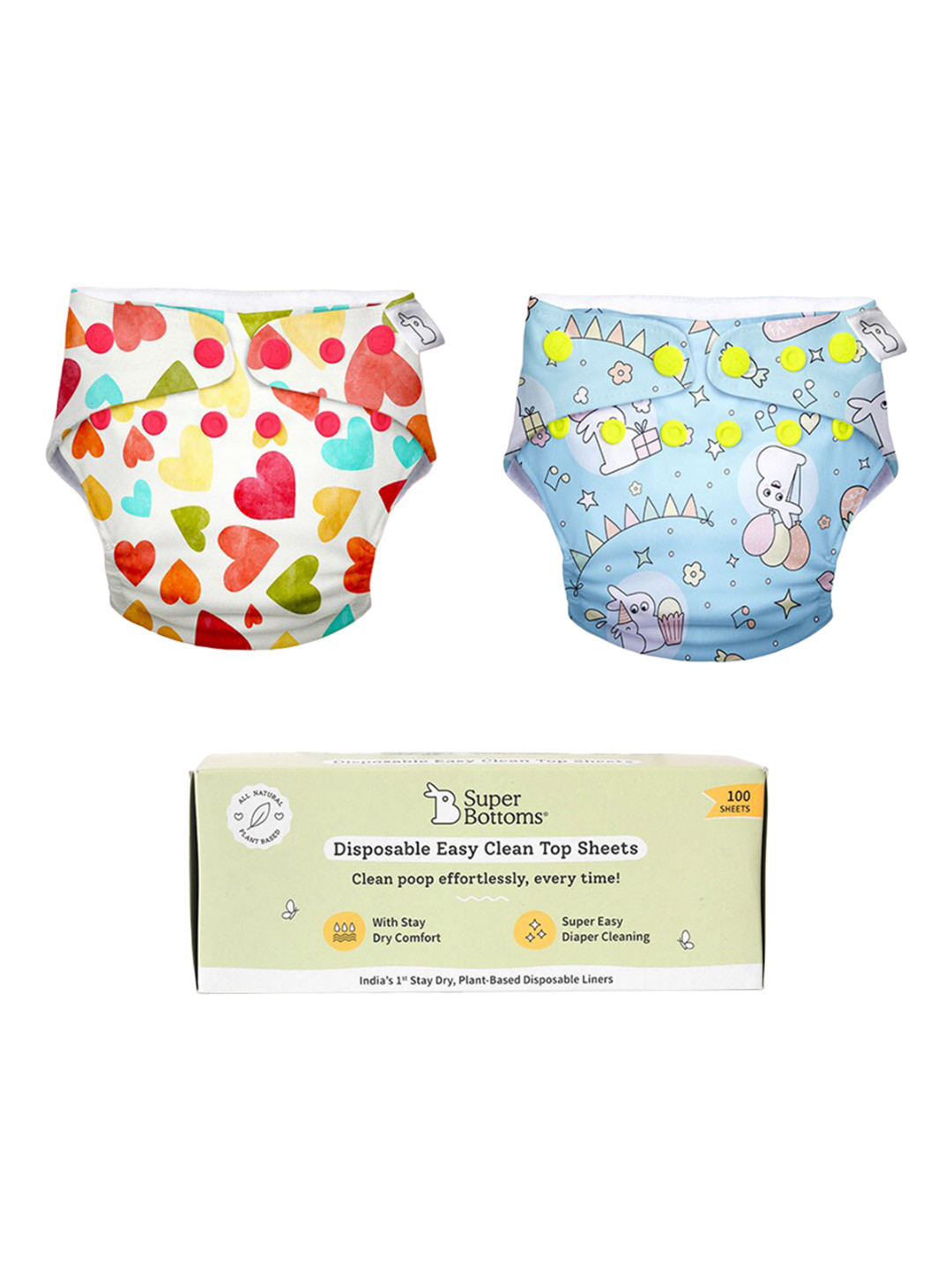 SuperBottoms Kids 2Pcs Printed Reusable & Waterproof Cloth Diapers & 100Pcs Top Sheets