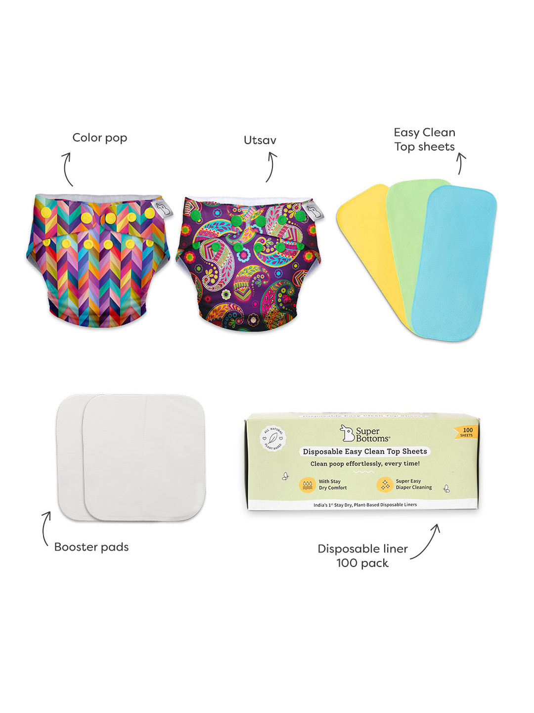 SuperBottoms Kids 2 Cloth Diapers+3 Easy Clean Top Sheets+2 Booster Pads+100 Top Sheets