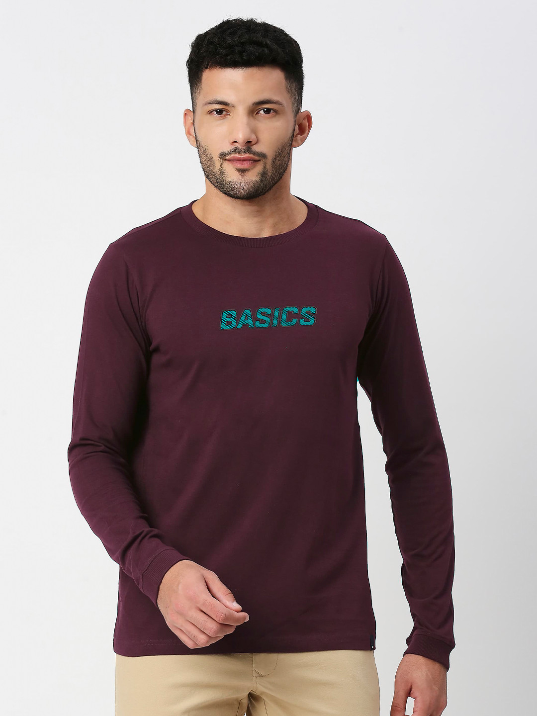 Basics Typography Printed Long Sleeve Pure Cotton Slim Fit T-Shirt