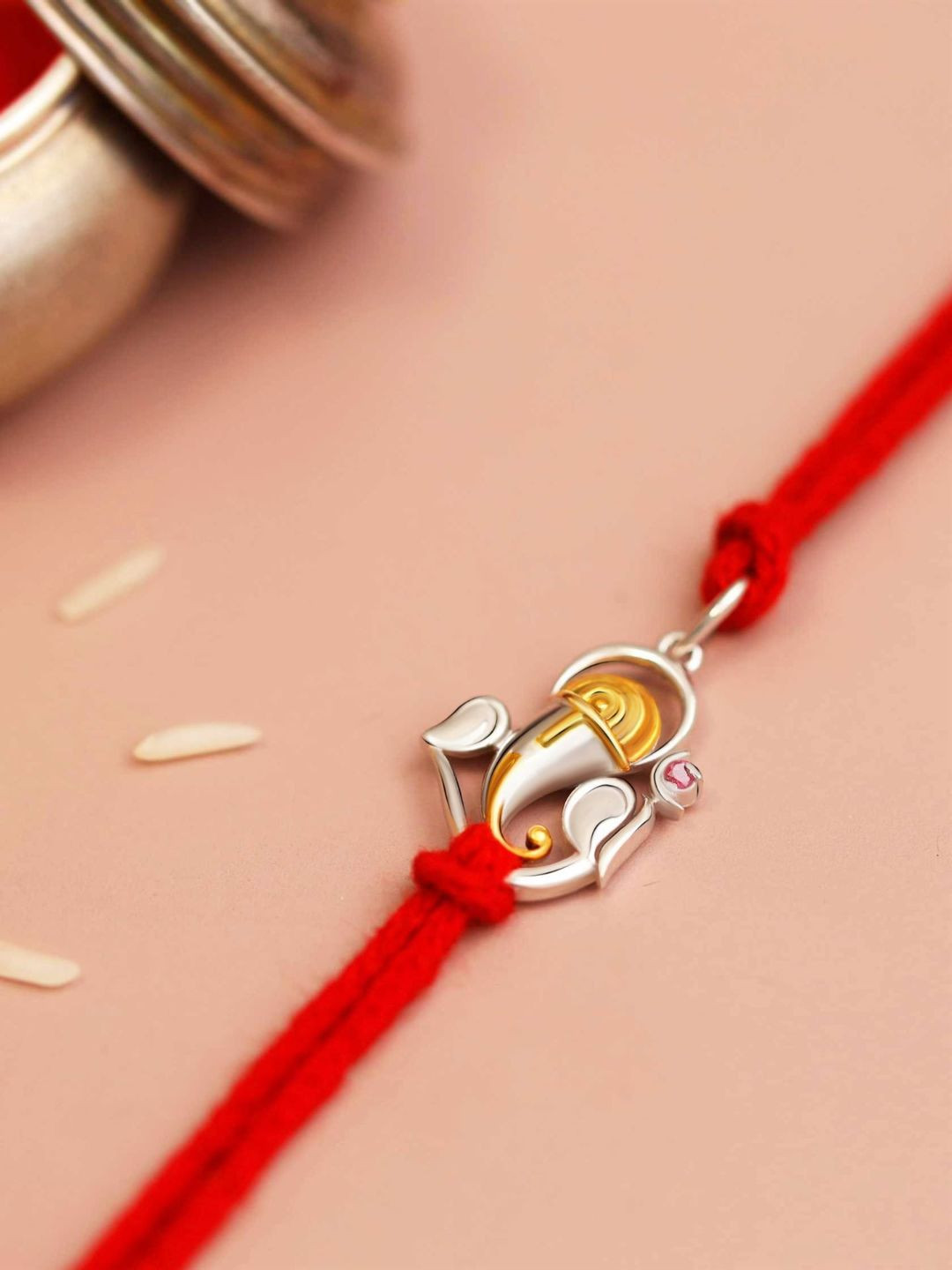 KUBERBOX 92.5 Sterling Silver Ruby Studded Lord Ganesha Rakhi Set