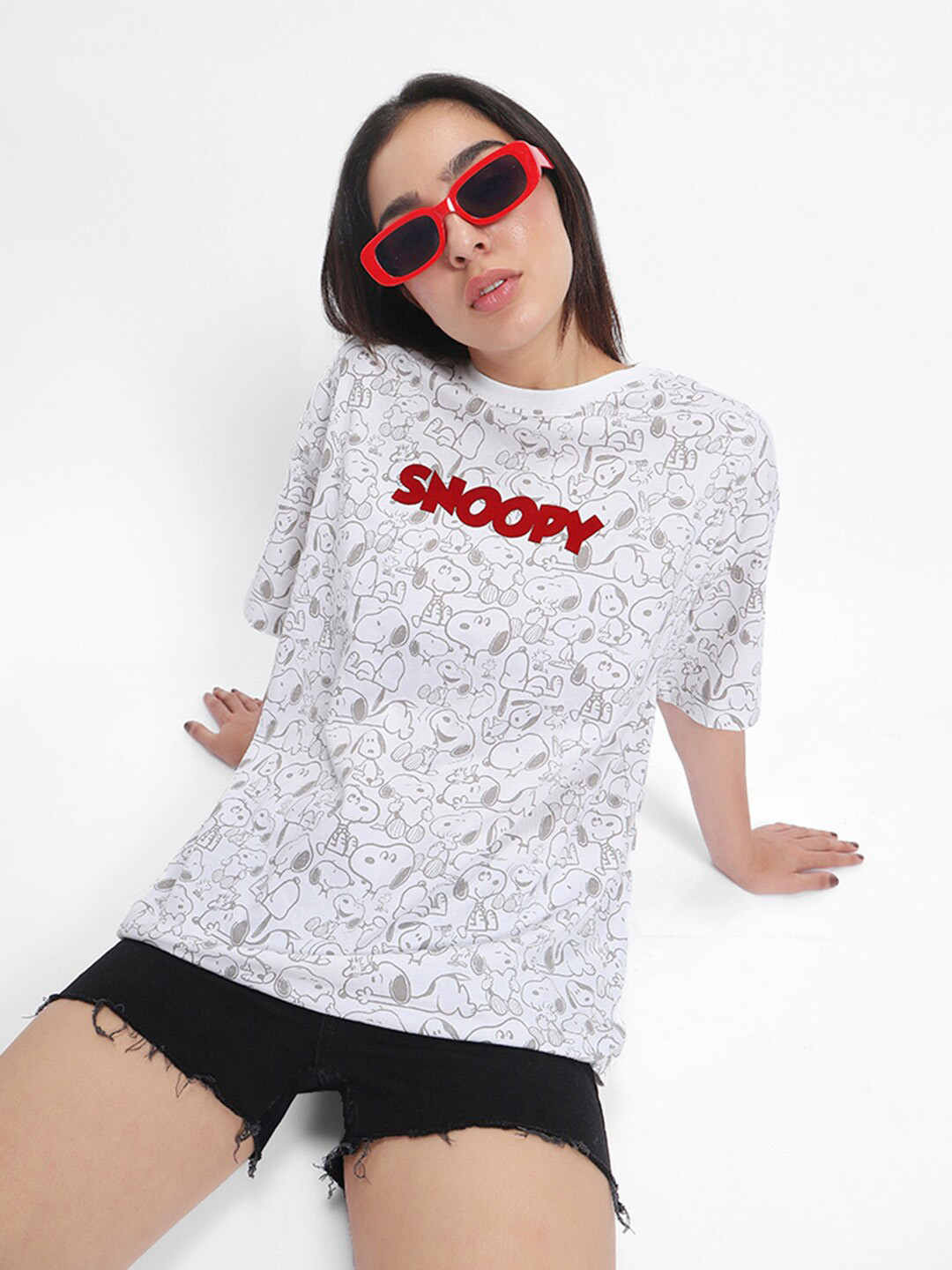 Bewakoof White All Over Snoopy Printed Oversized T-shirt