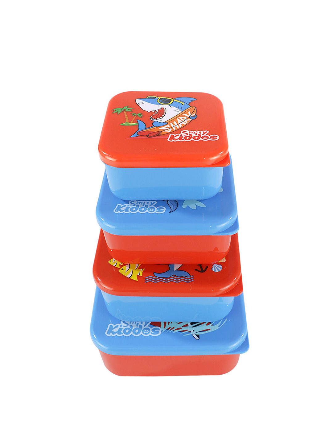 Smily Kiddos 4 in 1 Shark Theme Plastic Dishwasher Safe 3PCs Lunch Box With Spoon and Fork