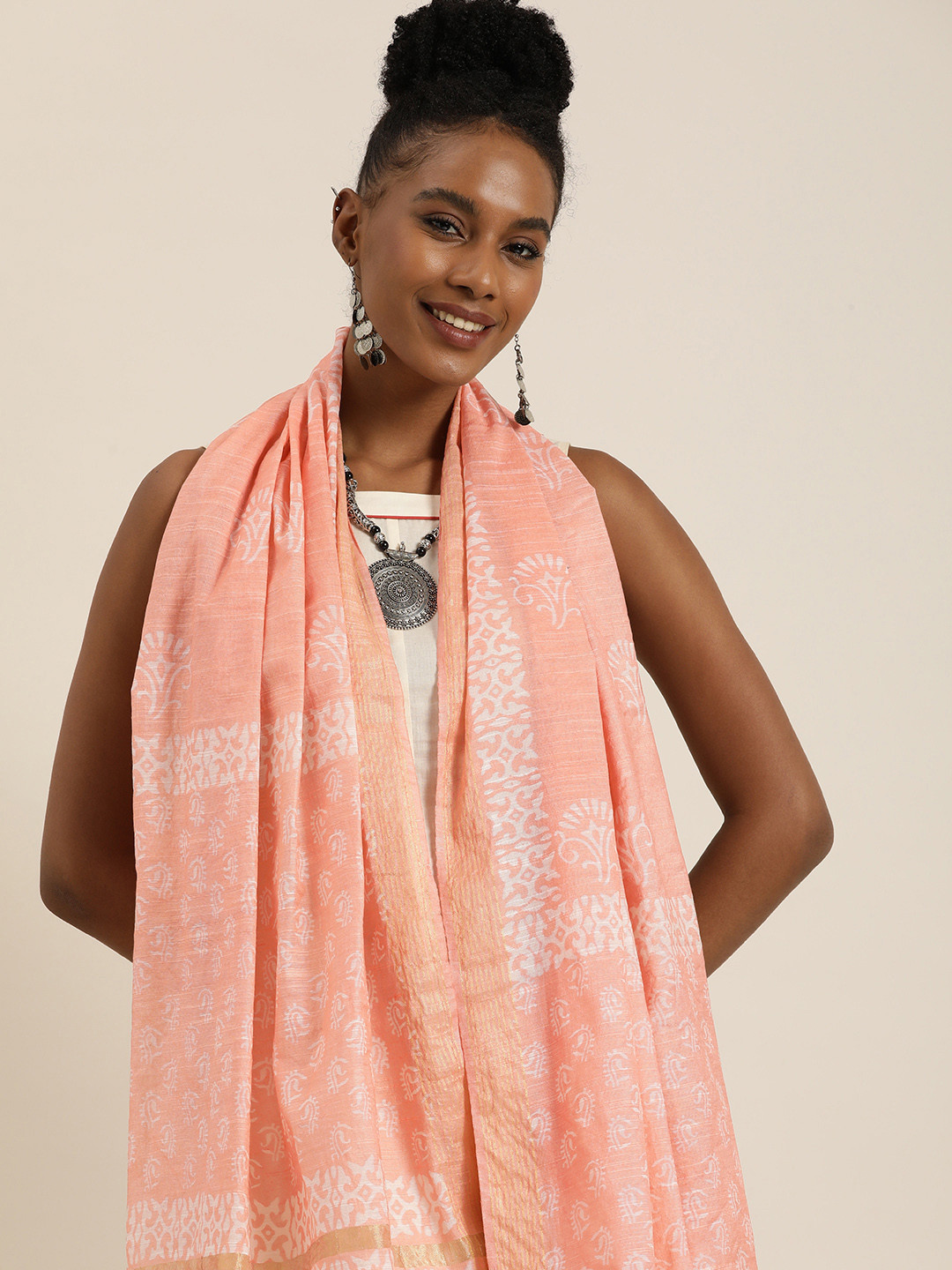 Taavi Ethnic Motifs Woven Design Block Print Dupatta