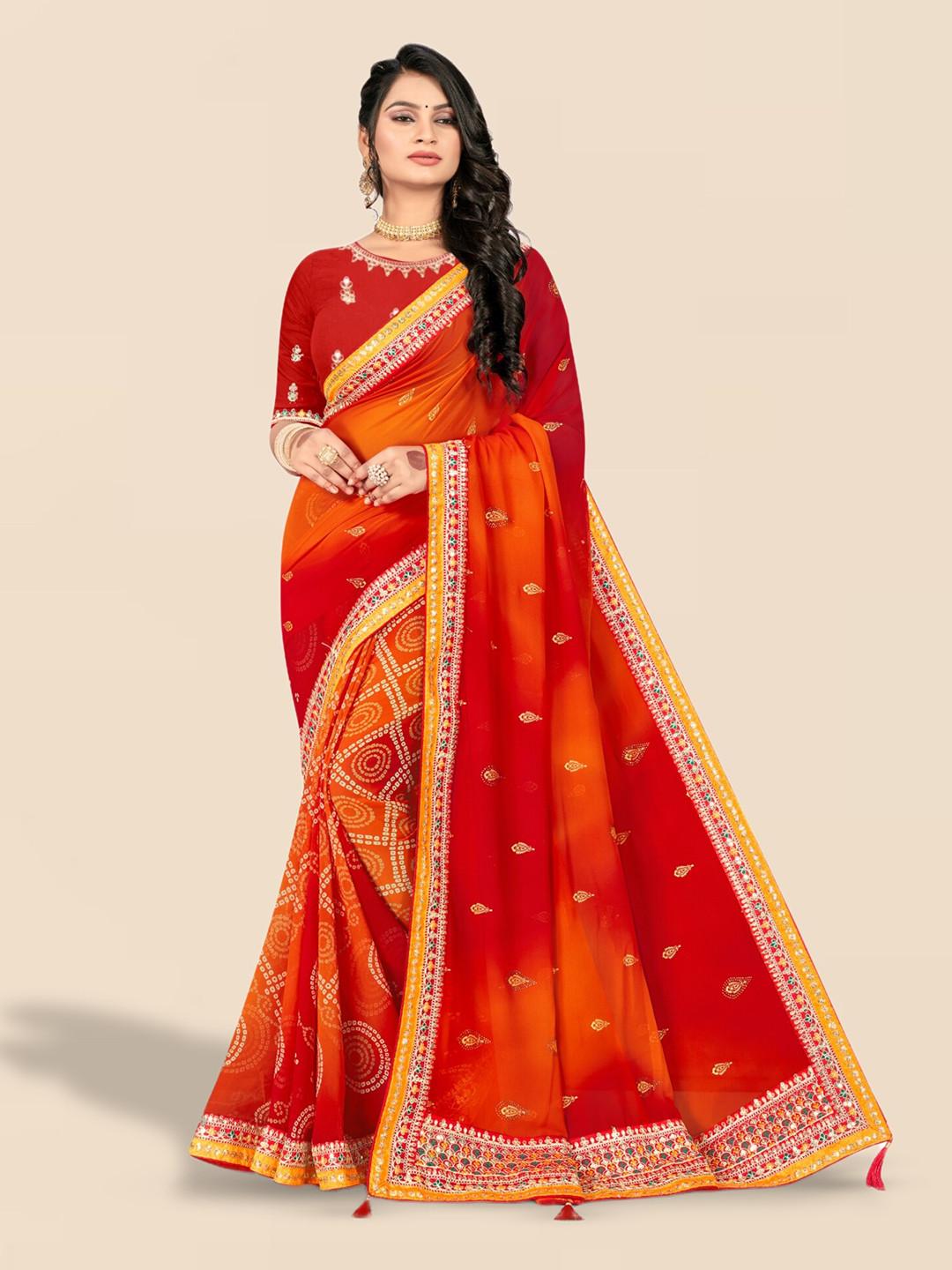 Mitera Red & Orange Printed Poly Georgette Bandhani Saree