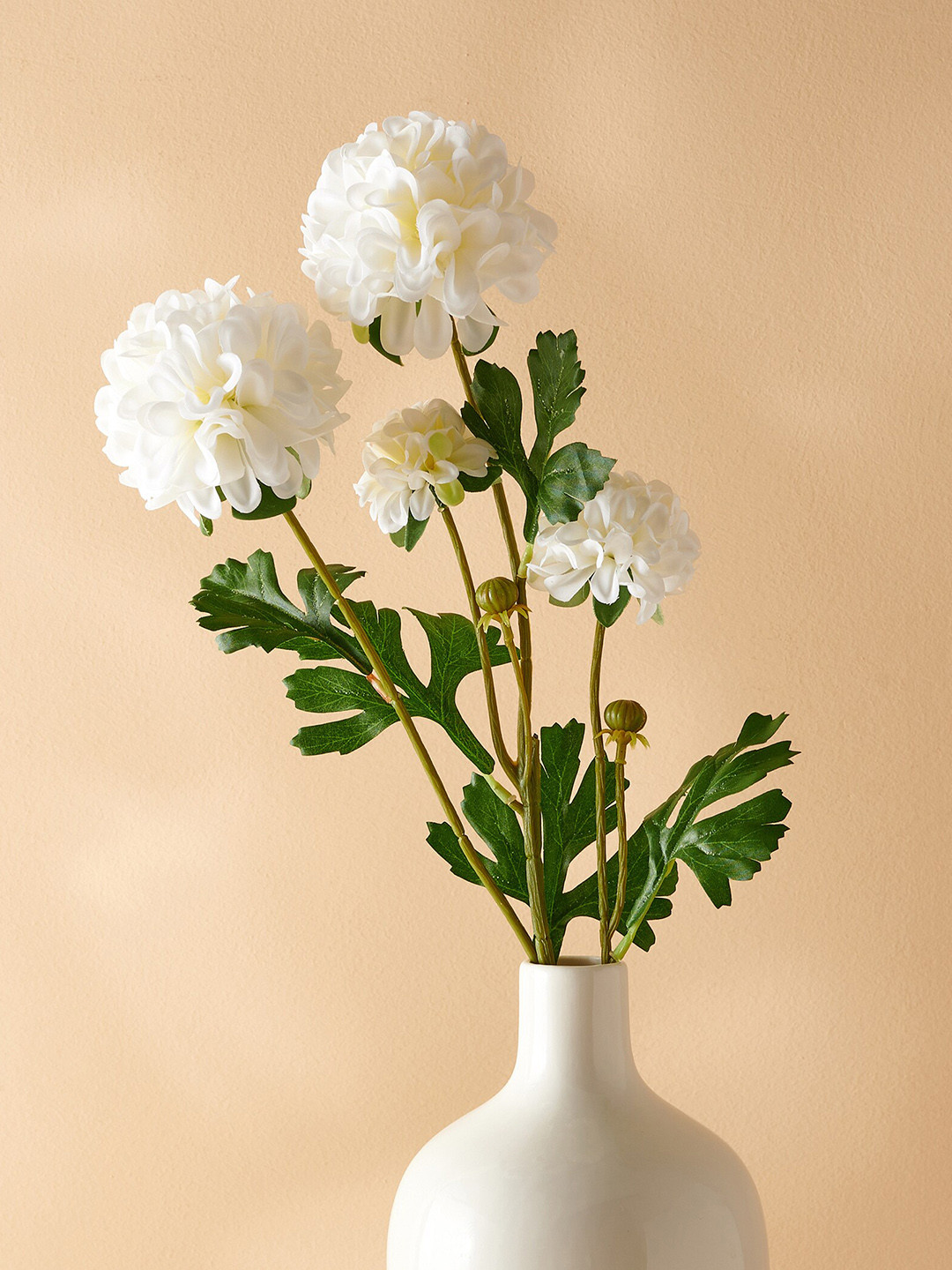 Home Centre White & Green Pom Pom Artificial Flower