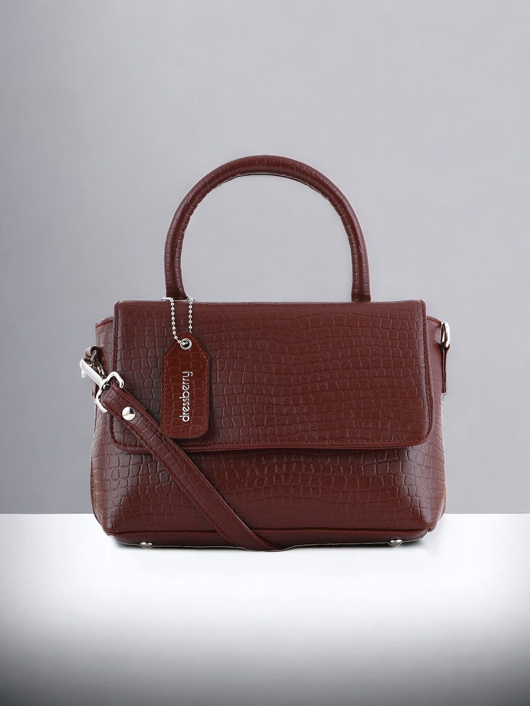 DressBerry Brown Textured Bowling Satchel Bag