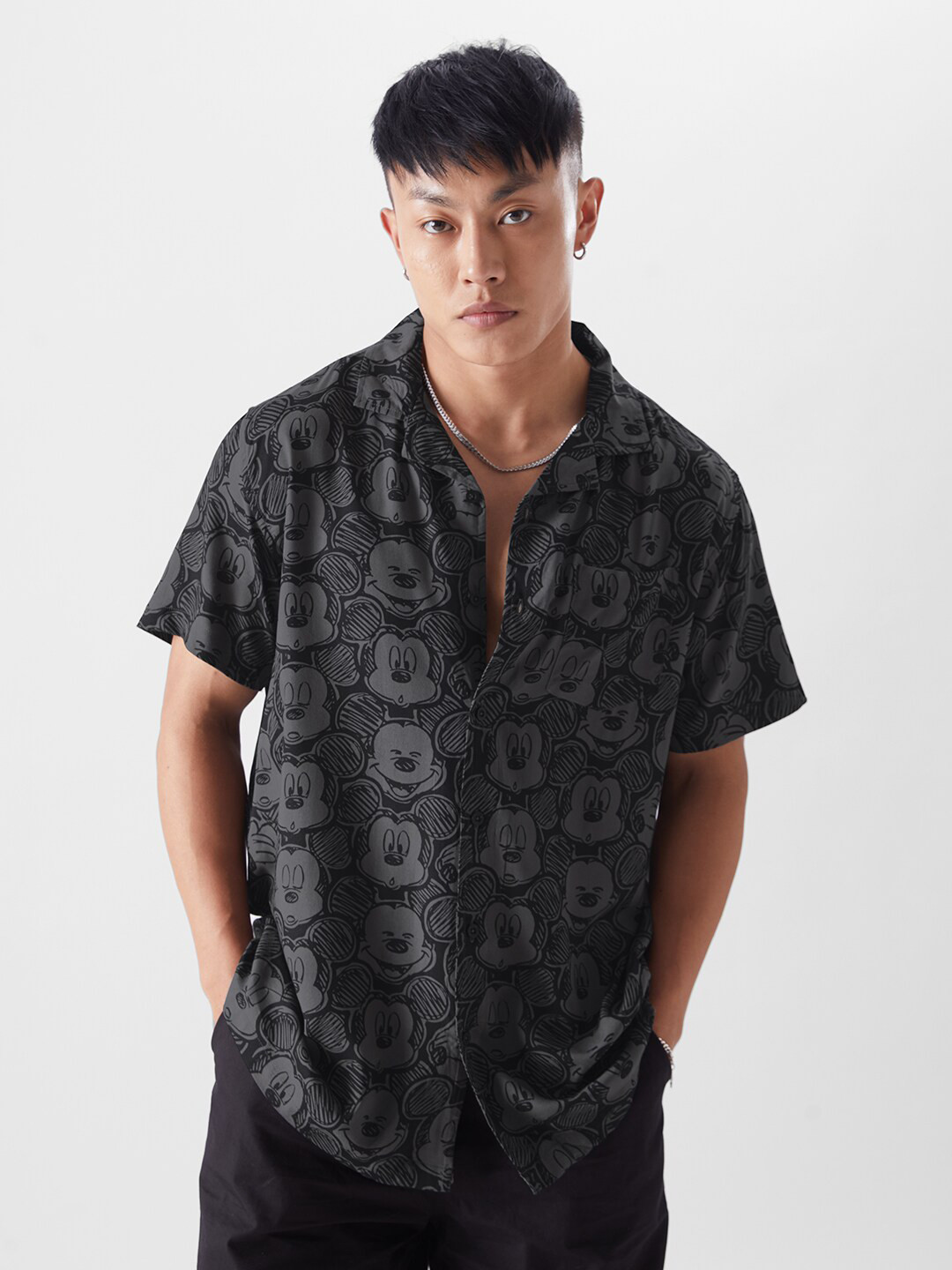 The Souled Store Black Relaxed Boxy Opaque Mickey Mouse Printed Casual Shirt