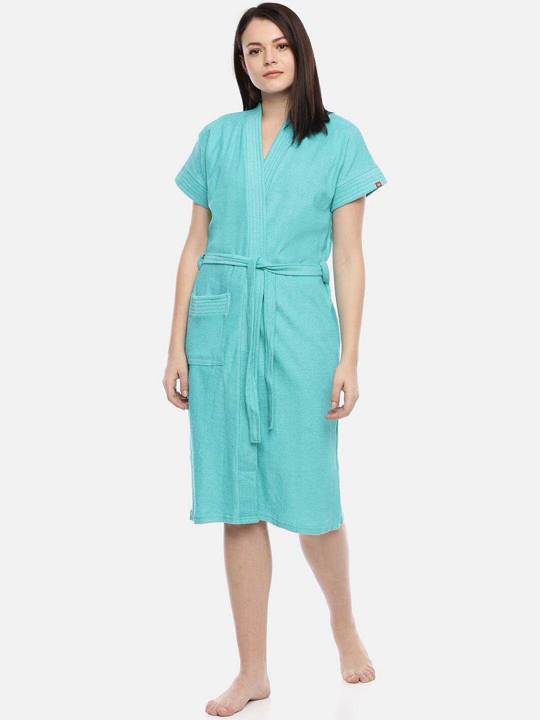 GOLDSTROMS Turkish Sea Green Solid Cotton Drawstring Knee Length Bath Robe