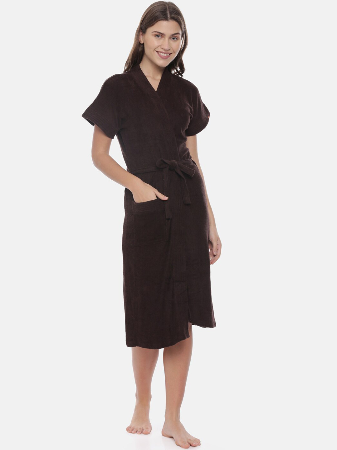 GOLDSTROMS Turkish Coffee Brown Solid Cotton Drawstring Knee Length Bath Robe