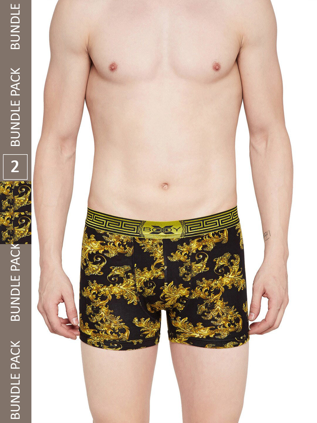 BODYX Men Pack Of 2 Printed Pure Combed Cotton Trunks BX28T-BLKPRT-2-XL
