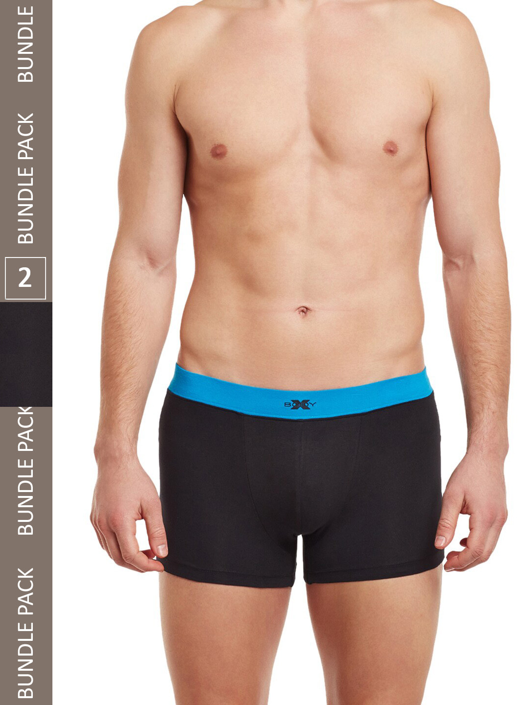 BODYX Pack Of 2 Mid-Rise Stretchable IntelliSoft Pure Cotton Trunks BX07T-Black-2PCS-S