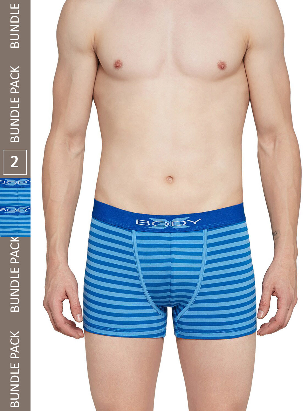 BODYX Men Pack Of 2 Striped Cotton Snug Fit Trunks X03T-S BLUE Stripe-2PCS-S