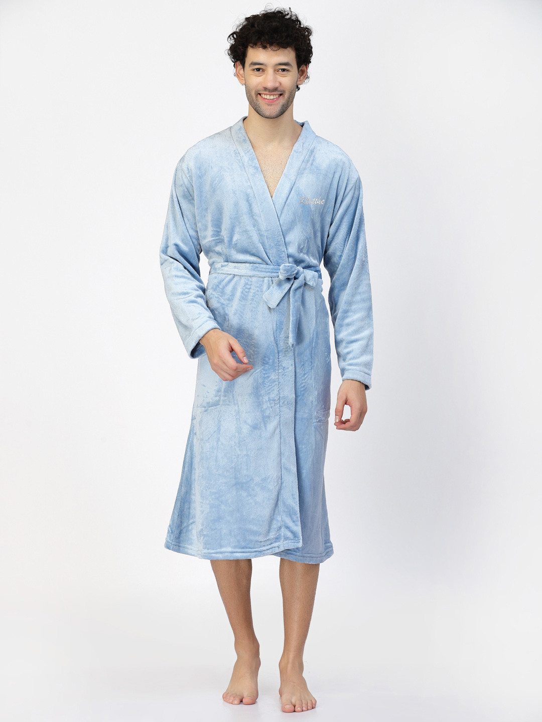 KLOTTHE Blue Solid Wool Drawstring Knee Length Bath Robe-S