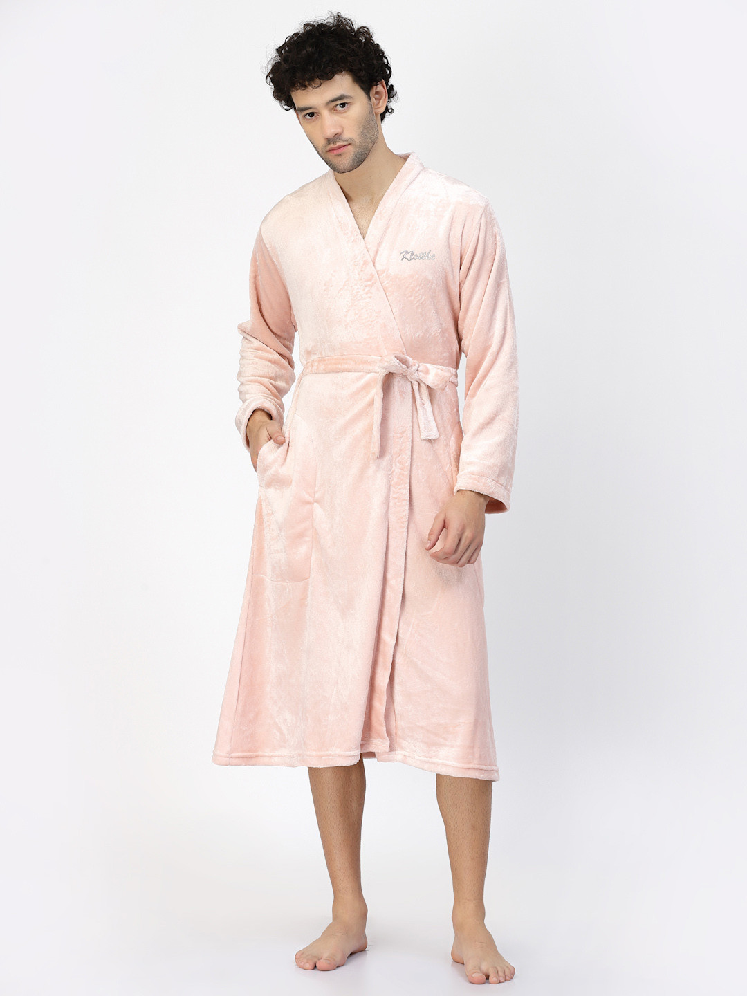 KLOTTHE Pink Solid Wool Drawstring Midi Bath Robe-S