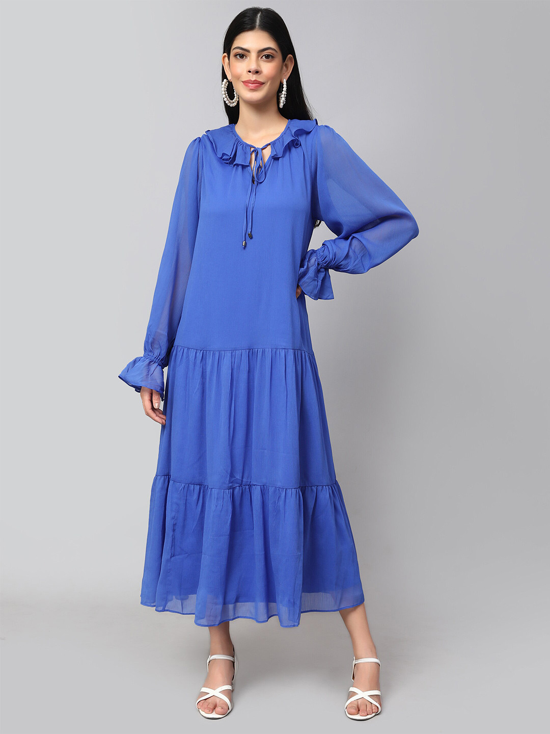 Amagyaa Oversize Solid Tie-up Neck Tiered Detail Dress