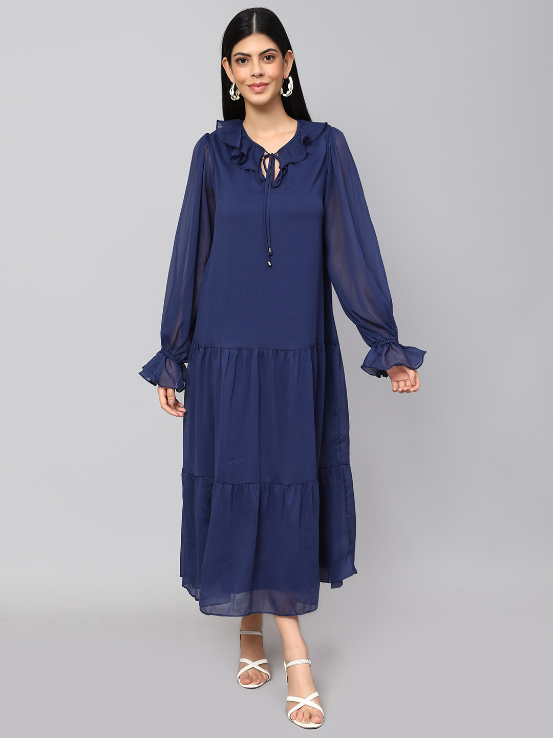 Amagyaa Oversize Solid Tie-up Neck Tiered Detail Dress