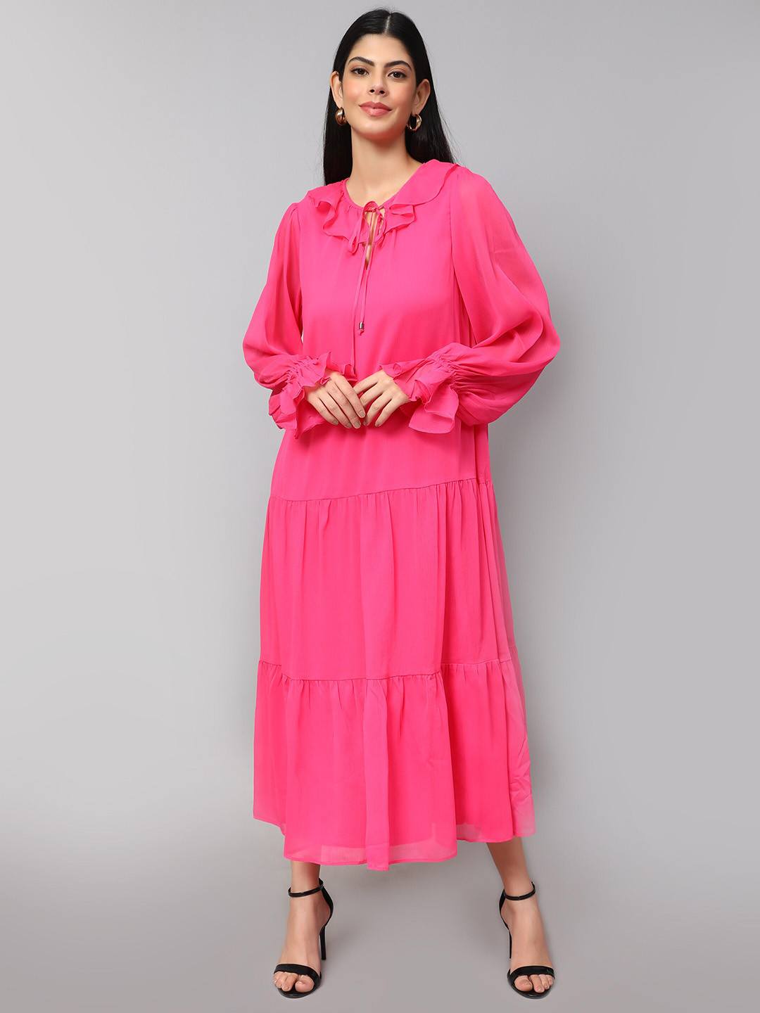 Amagyaa Tiered Detailed Tie-Up Neck Puff Sleeve Oversized Dress
