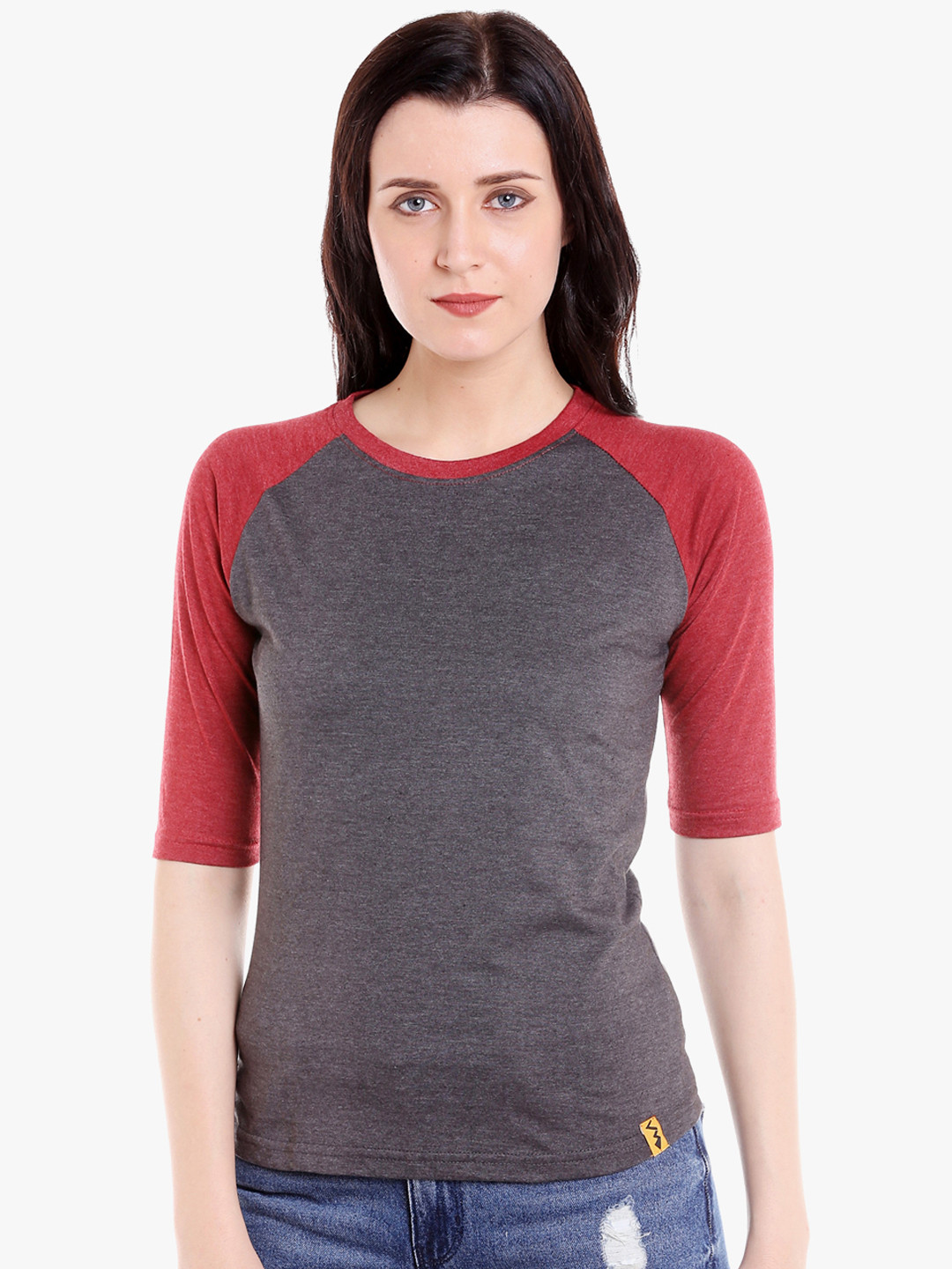 PINACOLADA Women Maroon & Charcoal Grey Colourblocked Pure Cotton Top