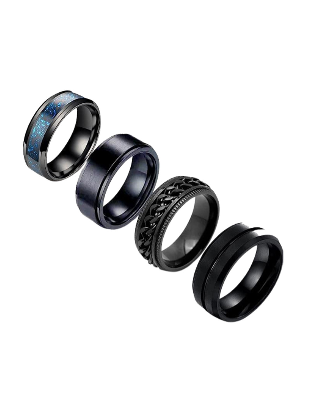 MEENAZ Unisex Set of 4 Silver-Plated Stainless Steel Rings