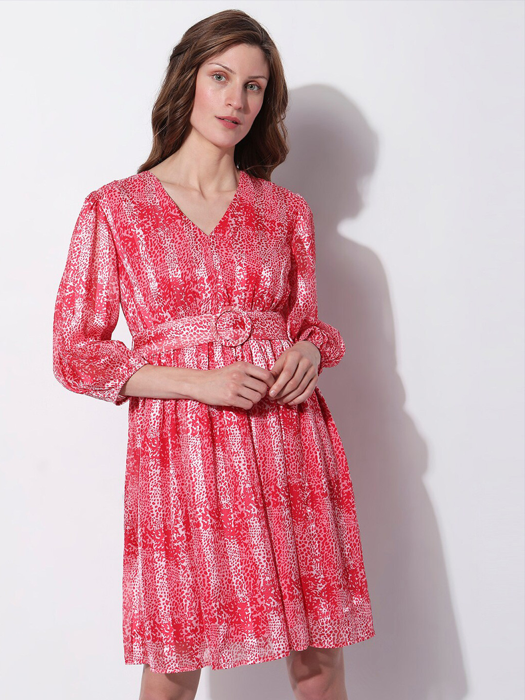 Vero Moda Graphic Printed V-Neck Puff Sleeves Belted Detail Fit & Flare Dress