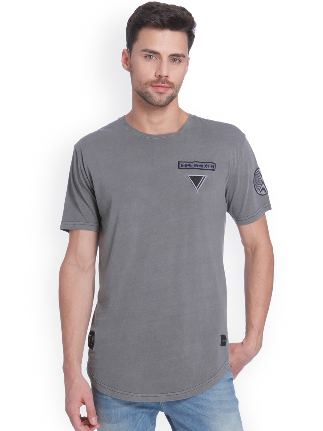 ONLY  SONS Men Charcoal Grey Solid Round Neck Pure Cotton T-shirt