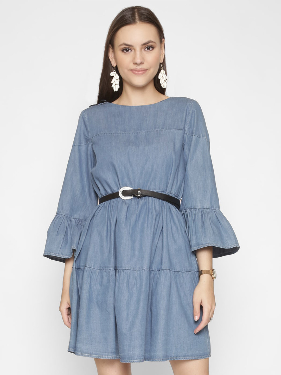 250 DESIGNS Bell Sleeves Tiered Tencel Fit & Flare Dress With Belt