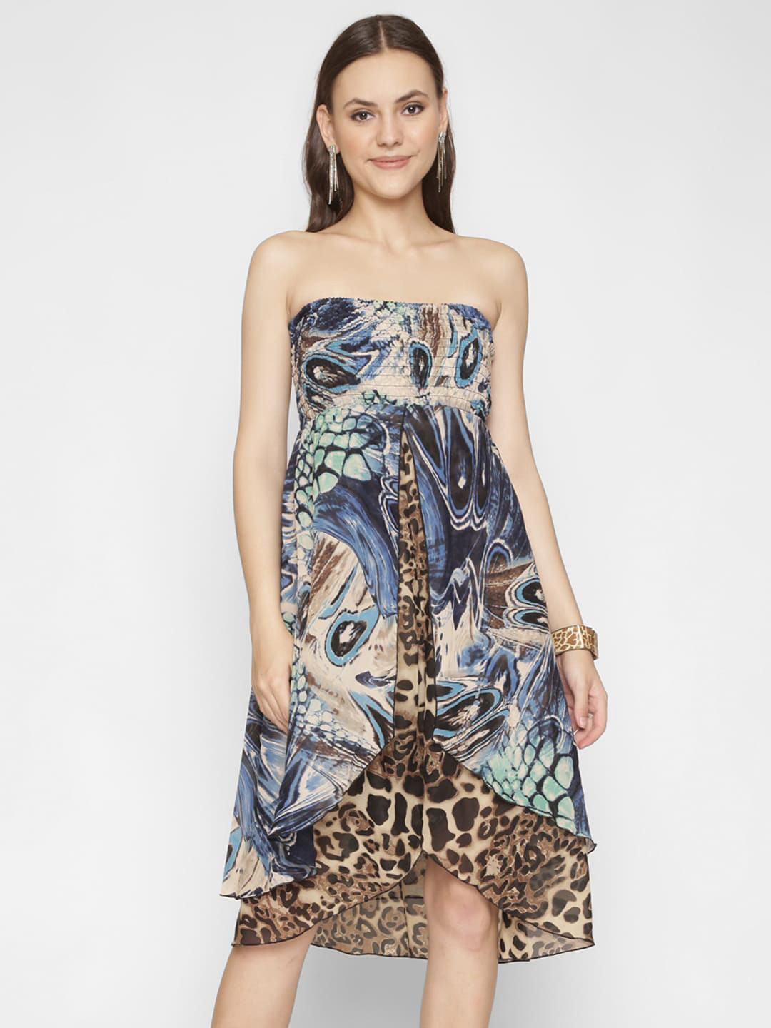 250 DESIGNS Animal Printed Strapless Smocked Fit & Flare Midi Dress