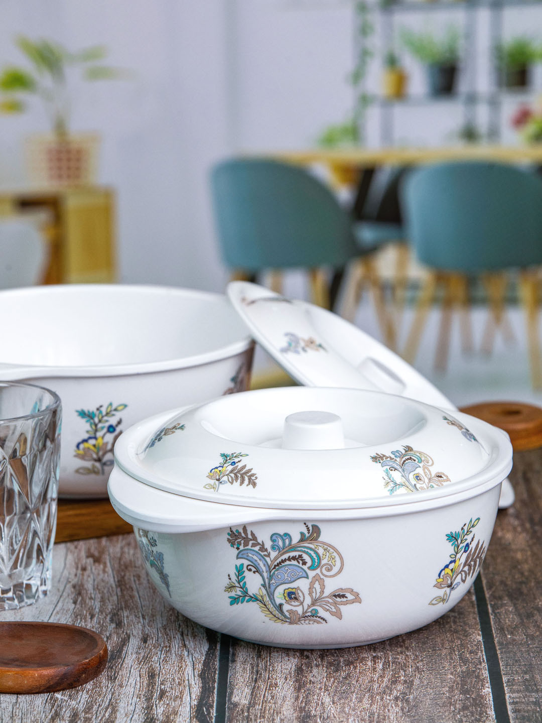 Servewell 2-Pcs White & Blue Printed Serving Casseroles With Lid 1.25 L Each