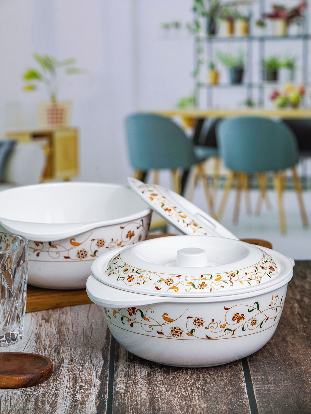 Servewell 2 PCS White & Orange Printed Serving Casserole with Lid