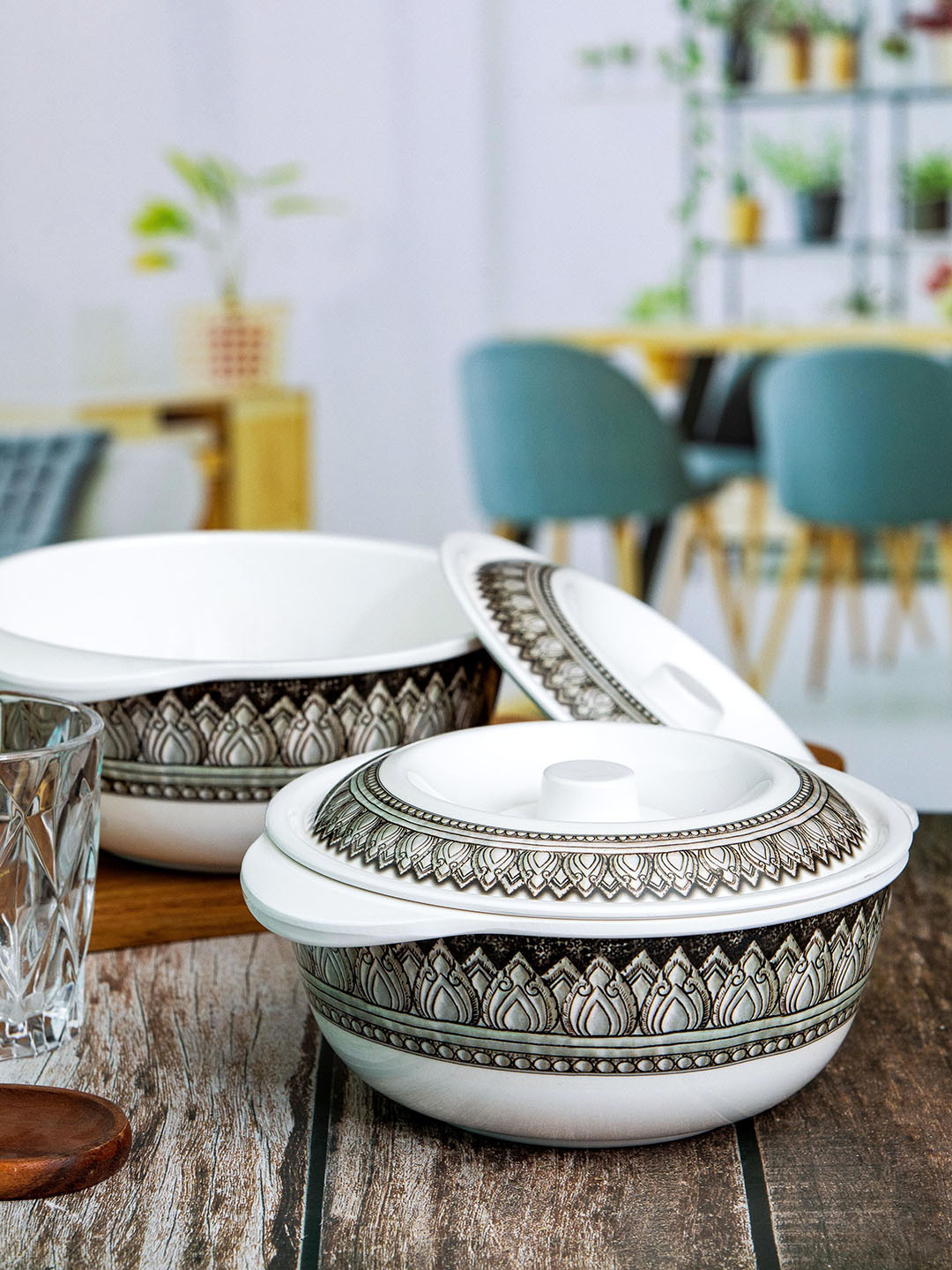 Servewell  White & Black 2 Pieces Printed Serving Casserole With Lid 1.25 L Each