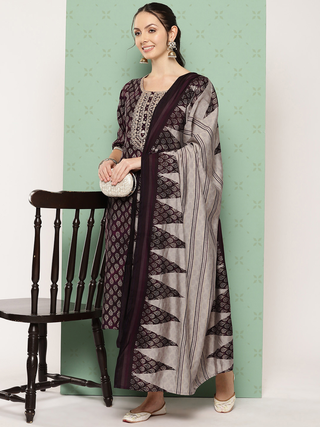 Libas Ethnic Motifs Printed Thread Work Detail Straight Kurta with Trousers & Dupatta