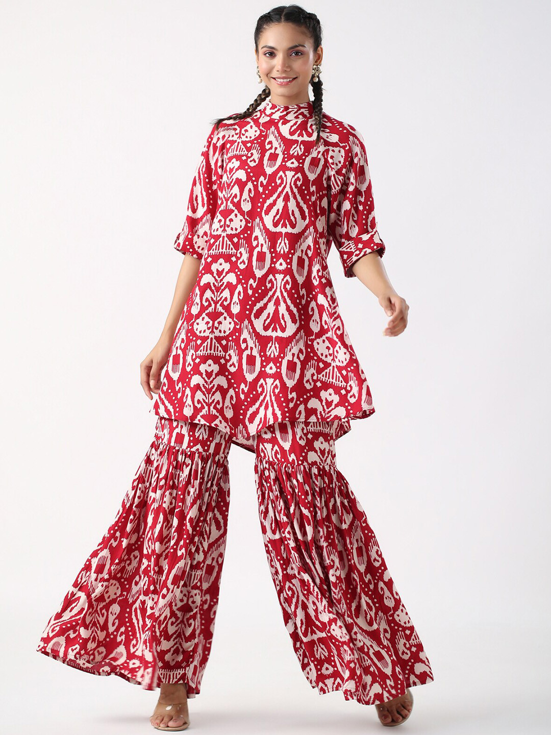 JISORA Maroon Geometric Printed Pure Cotton Tunic & Pure Silk Sharara