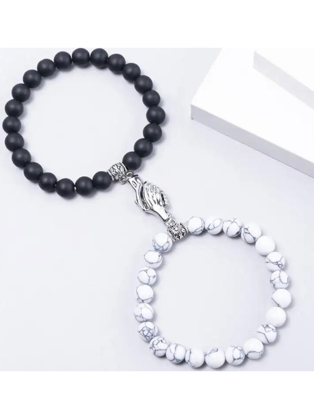 MEENAZ Unisex Set Of 2 Silver-Plated Magnetic Couple Adjustable Elasticated Bracelets