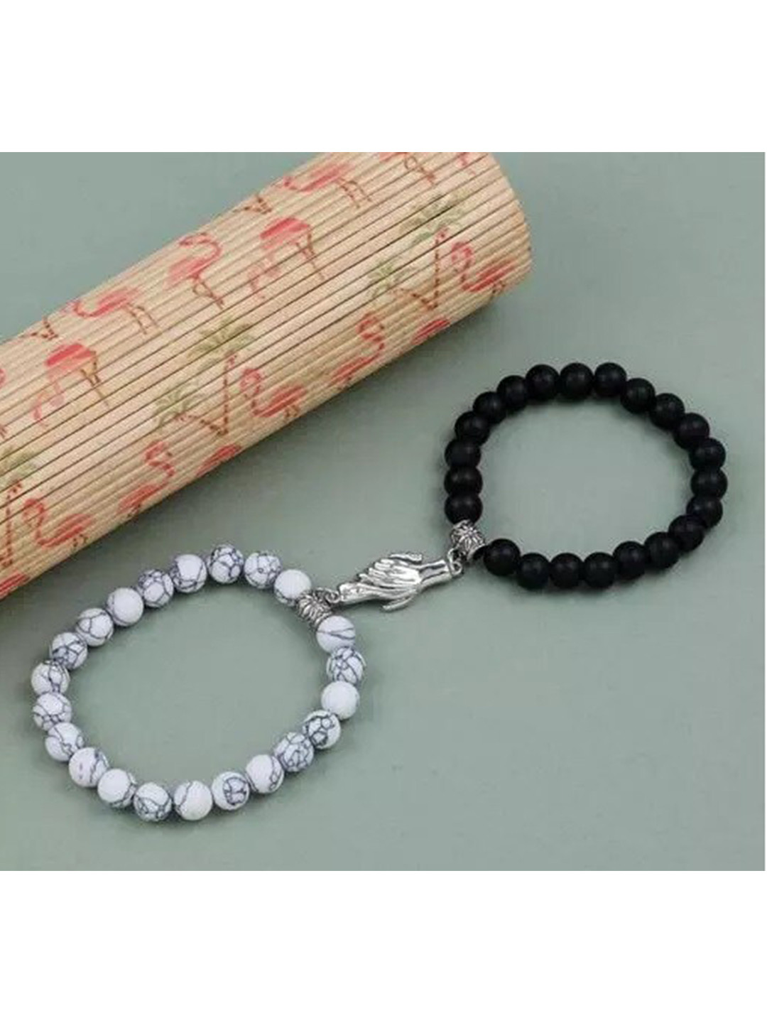 MEENAZ Unisex Set Of 2 Silver-Plated Magnetic Couple Adjustable Elasticated Bracelets