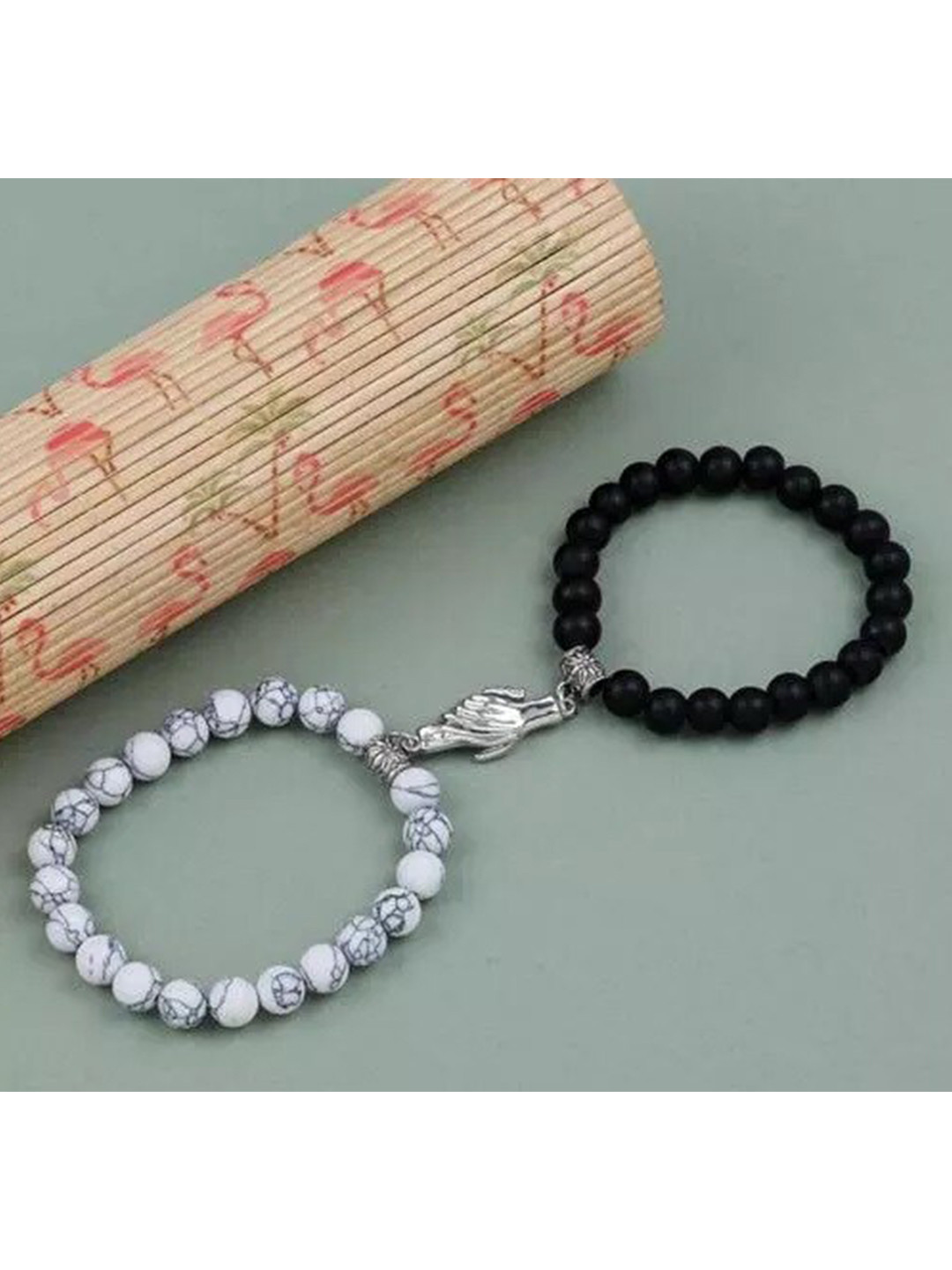 MEENAZ Unisex Set Of 2 Silver-Plated Magnetic Couple Adjustable Elasticated Bracelets