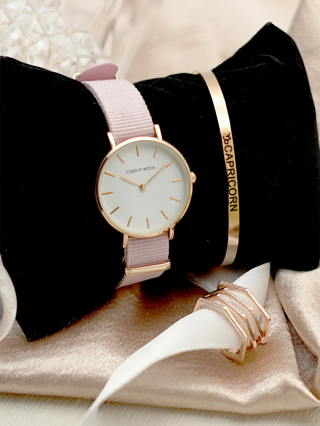 JOKER & WITCH Women Sleek Blush Capricon Love Triangle Watch Gift Set JWLT168