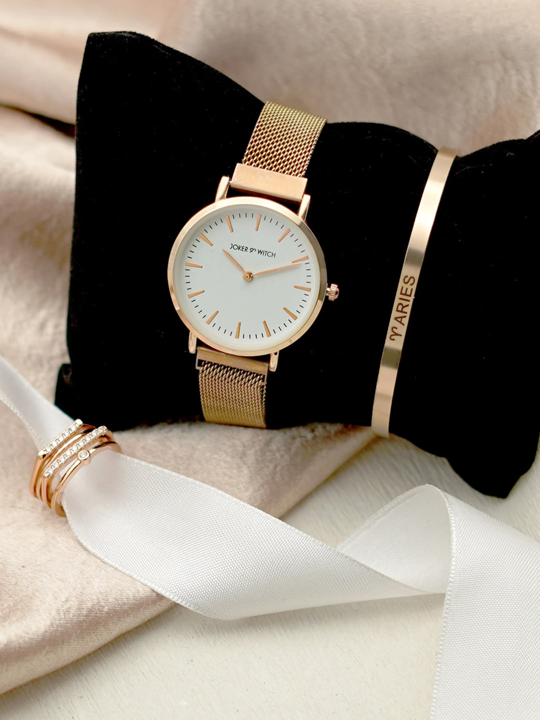 JOKER & WITCH Women Stainless Steel Melting Heart Aries Love Triangle Watch Gift Set