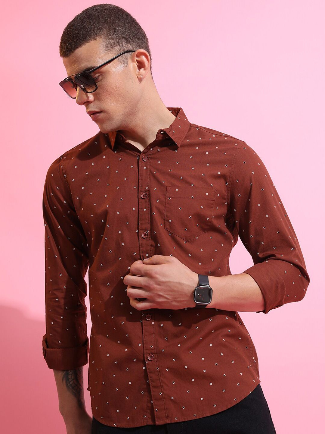 HIGHLANDER Brown Slim Fit Micro Ditsy Printed Cotton Casual Shirt