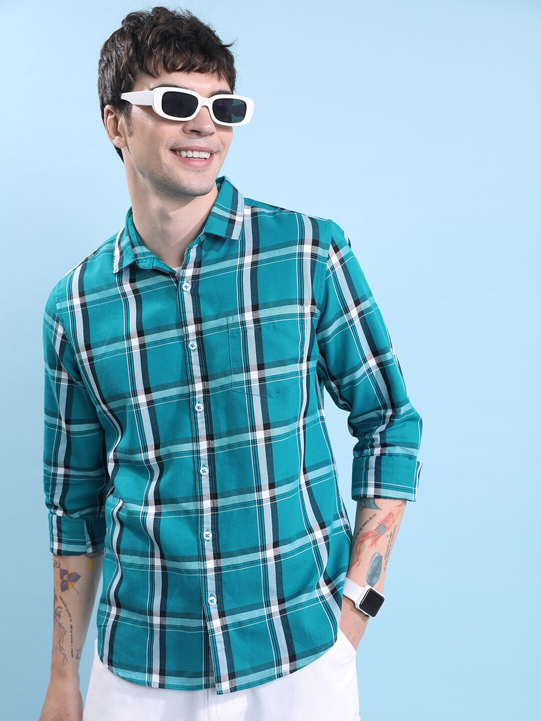 HIGHLANDER Teal Slim Fit Tartan Checked Casual Shirt