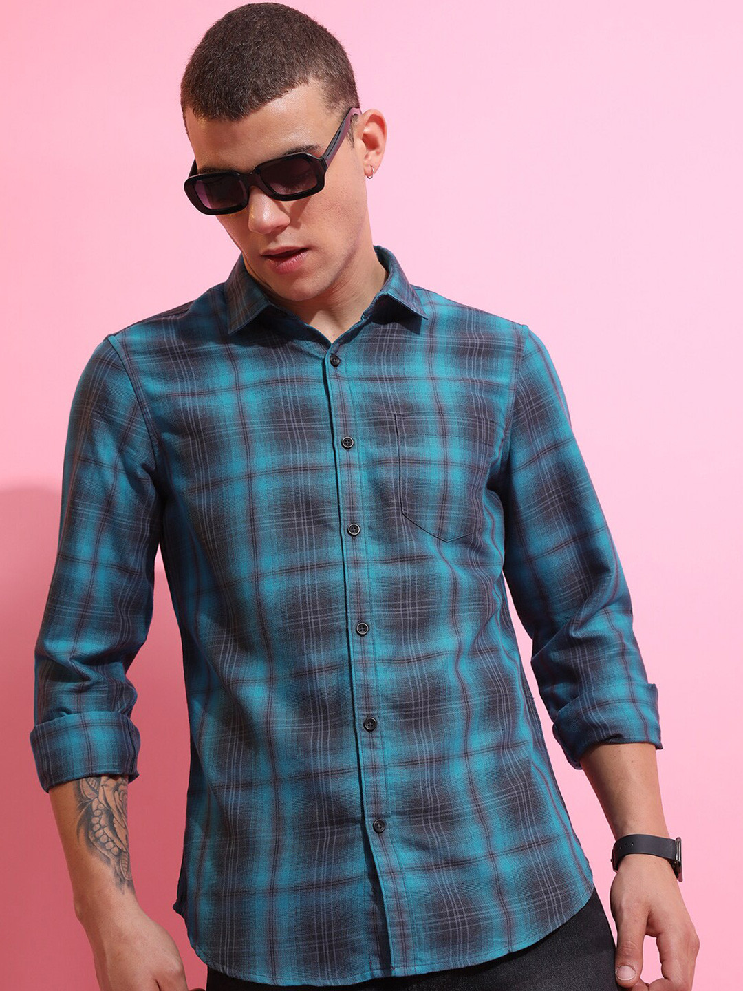 HIGHLANDER Slim Fit Tartan Checks Opaque Checked Casual Shirt