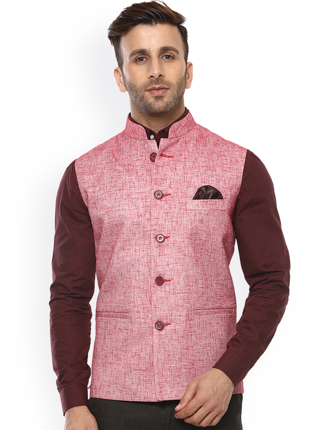 Red nehru jacket sales with jeans