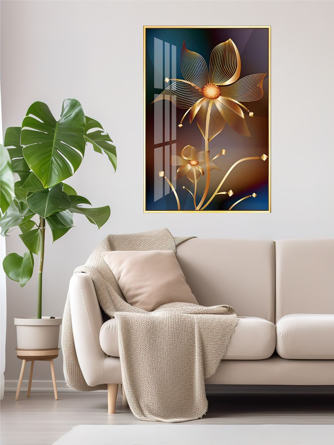 THE HANDMADE FLAIR Navy Blue & Gold Toned Abstract Exotic Black Golden Floral Wall Art